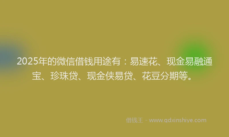 2025年的微信借钱用途有：易速花、现金易融通宝、珍珠贷、现金侠易贷、花豆分期等。