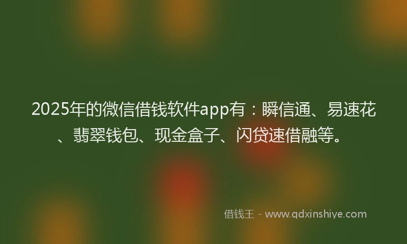 2025年的微信借钱软件app有：瞬信通、易速花、翡翠钱包、现金盒子、闪贷速借融等。