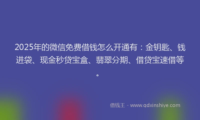 2025年的微信免费借钱怎么开通有：金钥匙、钱进袋、现金秒贷宝盒、翡翠分期、借贷宝速借等。