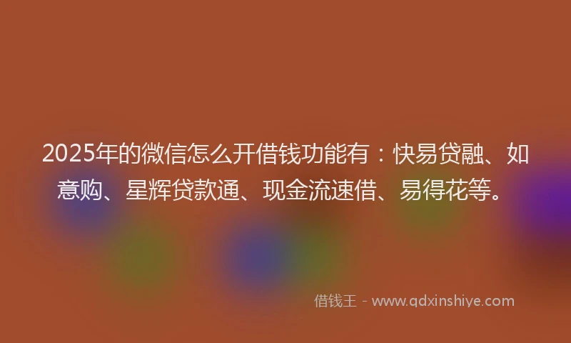 2025年的微信怎么开借钱功能有：快易贷融、如意购、星辉贷款通、现金流速借、易得花等。