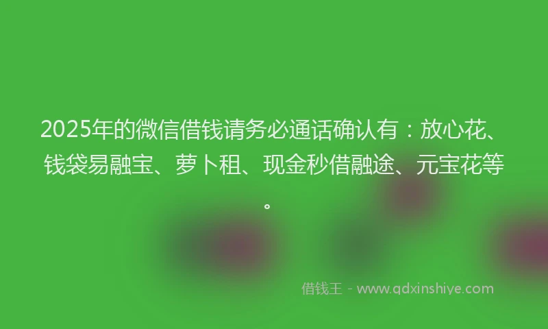 2025年的微信借钱请务必通话确认有：放心花、钱袋易融宝、萝卜租、现金秒借融途、元宝花等。