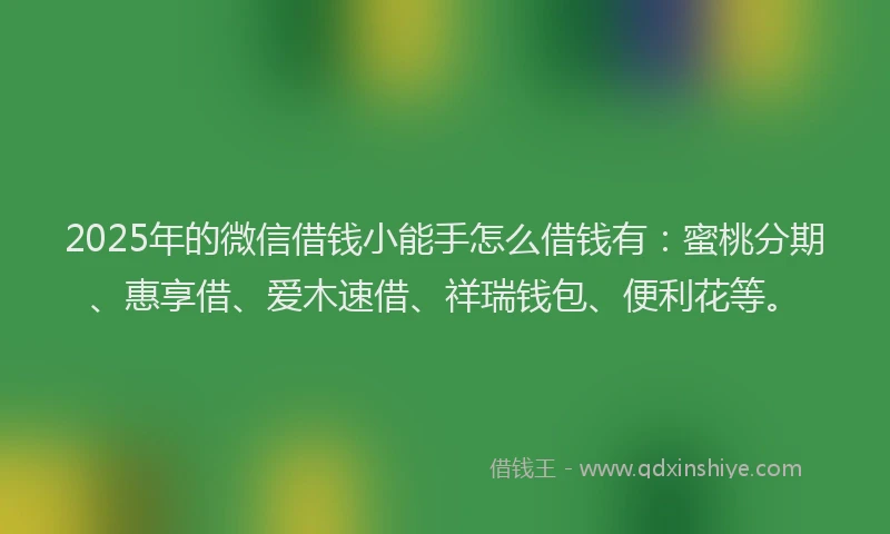 2025年的微信借钱小能手怎么借钱有：蜜桃分期、惠享借、爱木速借、祥瑞钱包、便利花等。
