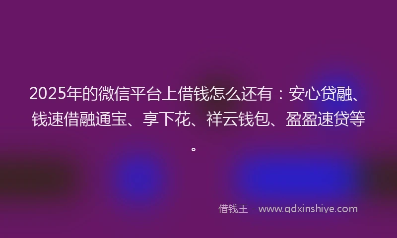 2025年的微信平台上借钱怎么还有：安心贷融、钱速借融通宝、享下花、祥云钱包、盈盈速贷等。