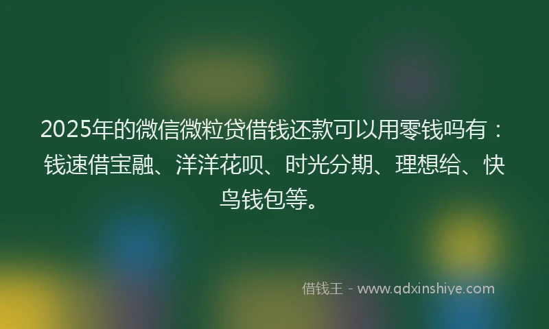 2025年的微信微粒贷借钱还款可以用零钱吗有：钱速借宝融、洋洋花呗、时光分期、理想给、快鸟钱包等。
