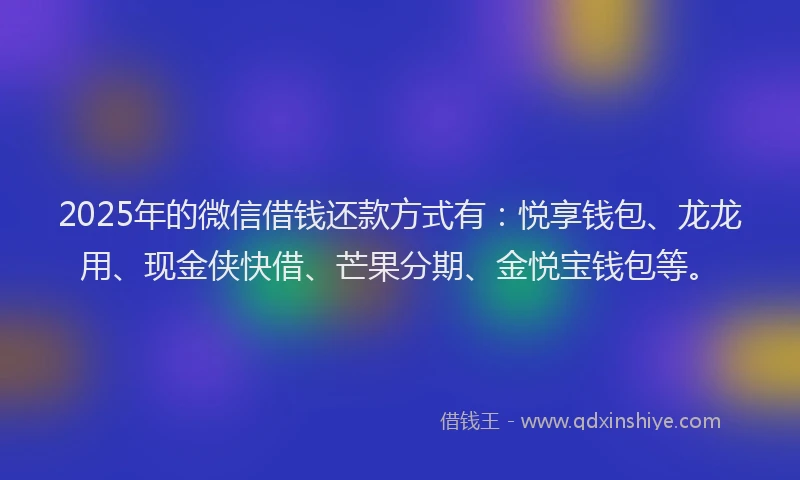 2025年的微信借钱还款方式有：悦享钱包、龙龙用、现金侠快借、芒果分期、金悦宝钱包等。