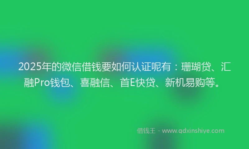 2025年的微信借钱要如何认证呢有：珊瑚贷、汇融Pro钱包、喜融信、首E快贷、新机易购等。