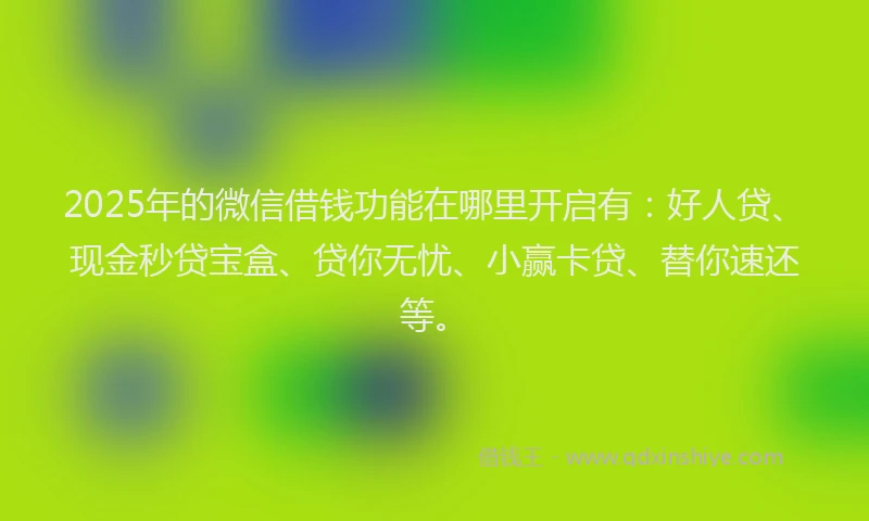 2025年的微信借钱功能在哪里开启有：好人贷、现金秒贷宝盒、贷你无忧、小赢卡贷、替你速还等。