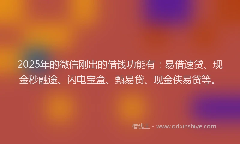 2025年的微信刚出的借钱功能有：易借速贷、现金秒融途、闪电宝盒、甄易贷、现金侠易贷等。