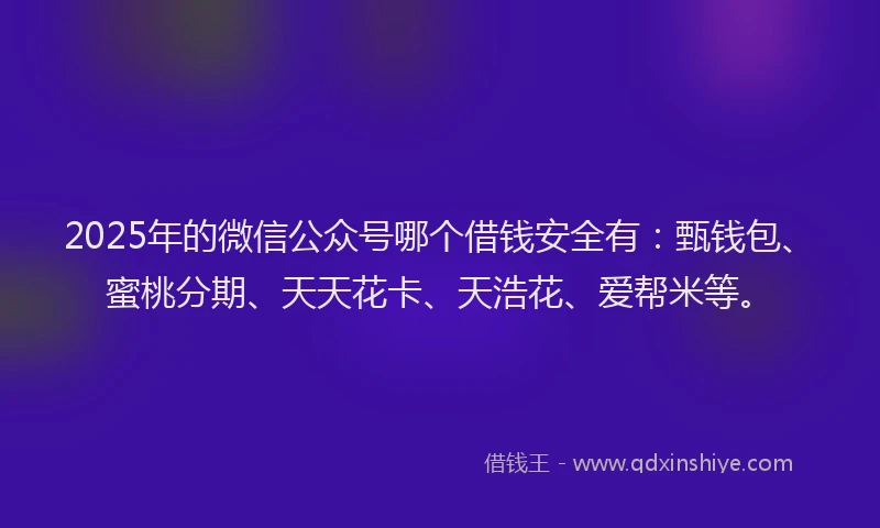 2025年的微信公众号哪个借钱安全有：甄钱包、蜜桃分期、天天花卡、天浩花、爱帮米等。