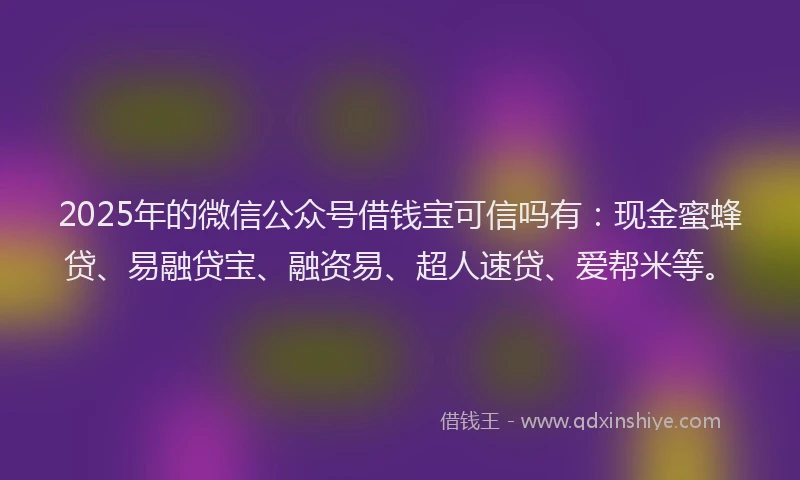 2025年的微信公众号借钱宝可信吗有：现金蜜蜂贷、易融贷宝、融资易、超人速贷、爱帮米等。