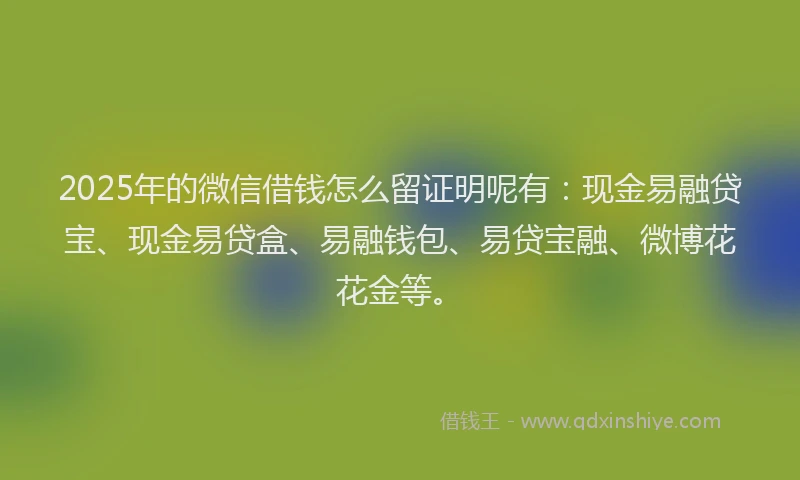 2025年的微信借钱怎么留证明呢有：现金易融贷宝、现金易贷盒、易融钱包、易贷宝融、微博花花金等。