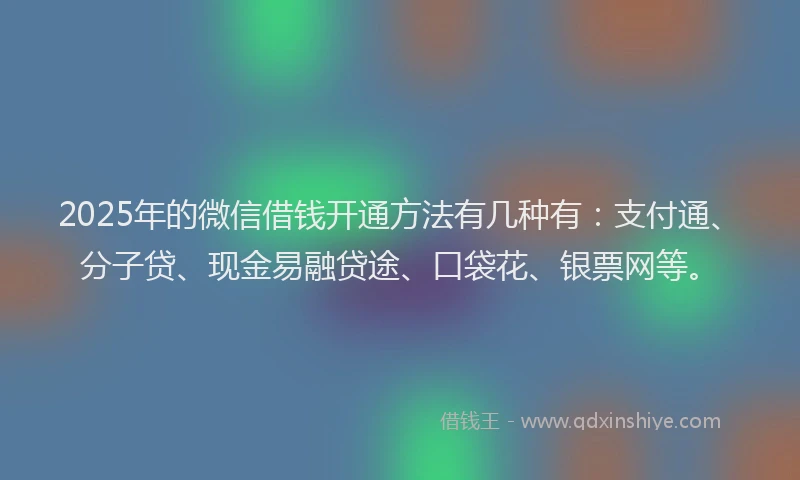 2025年的微信借钱开通方法有几种有：支付通、分子贷、现金易融贷途、口袋花、银票网等。
