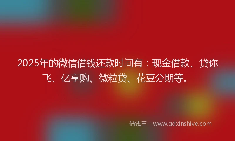 2025年的微信借钱还款时间有：现金借款、贷你飞、亿享购、微粒贷、花豆分期等。