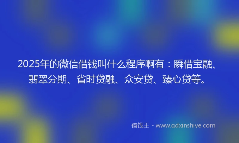 2025年的微信借钱叫什么程序啊有：瞬借宝融、翡翠分期、省时贷融、众安贷、臻心贷等。