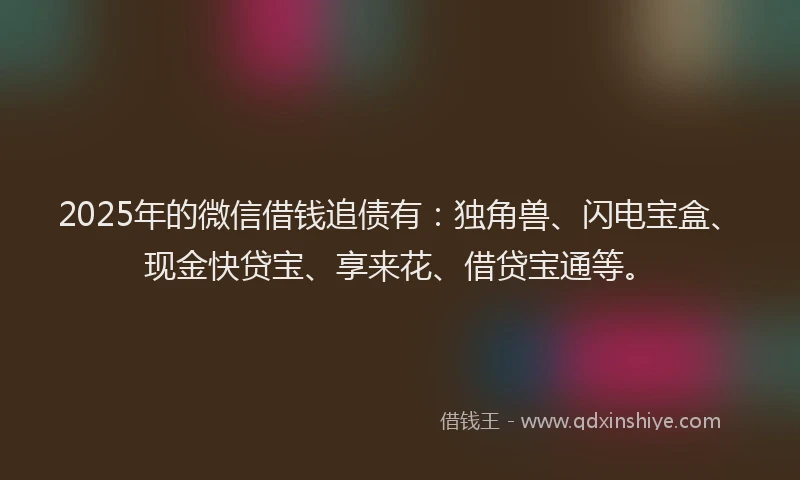 2025年的微信借钱追债有：独角兽、闪电宝盒、现金快贷宝、享来花、借贷宝通等。
