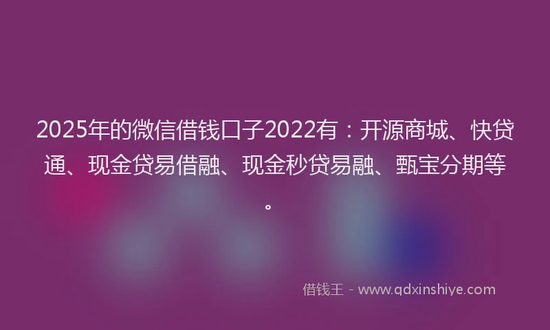 2025年的微信借钱口子2022有：开源商城、快贷通、现金贷易借融、现金秒贷易融、甄宝分期等。