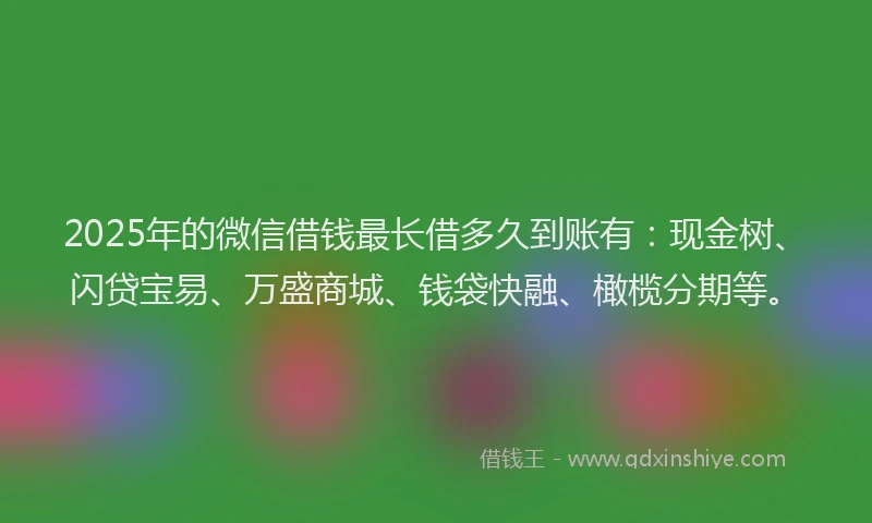 2025年的微信借钱最长借多久到账有：现金树、闪贷宝易、万盛商城、钱袋快融、橄榄分期等。
