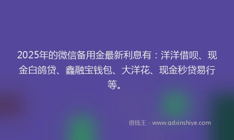 2025年的微信备用金最新利息有：洋洋借呗、现金白鸽贷、鑫融宝钱包、大洋花、现金秒贷易行等。