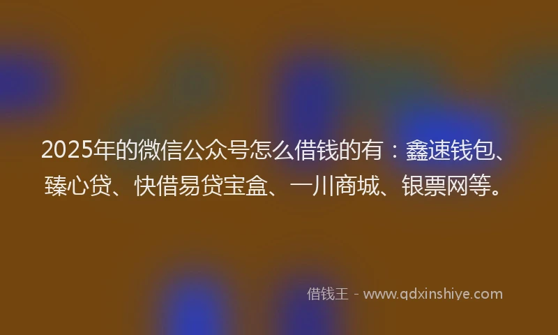2025年的微信公众号怎么借钱的有：鑫速钱包、臻心贷、快借易贷宝盒、一川商城、银票网等。