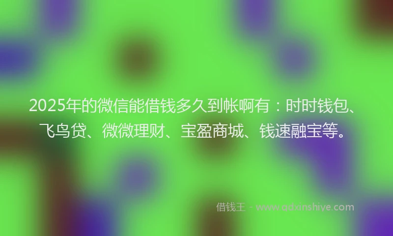 2025年的微信能借钱多久到帐啊有：时时钱包、飞鸟贷、微微理财、宝盈商城、钱速融宝等。