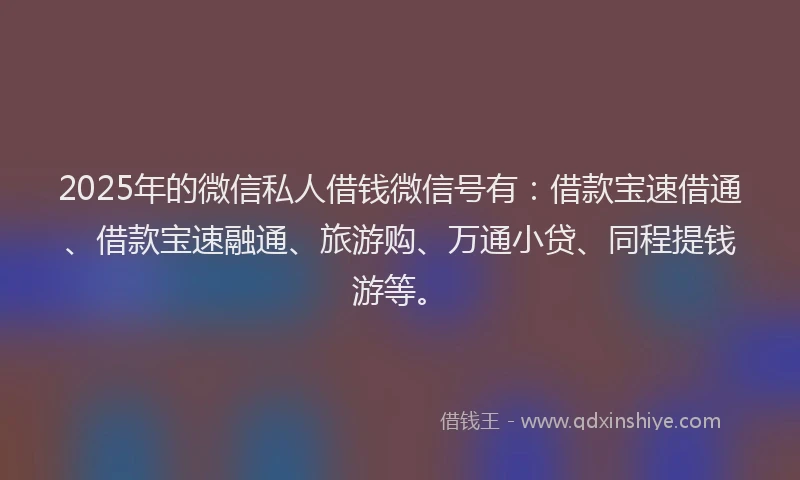 2025年的微信私人借钱微信号有：借款宝速借通、借款宝速融通、旅游购、万通小贷、同程提钱游等。