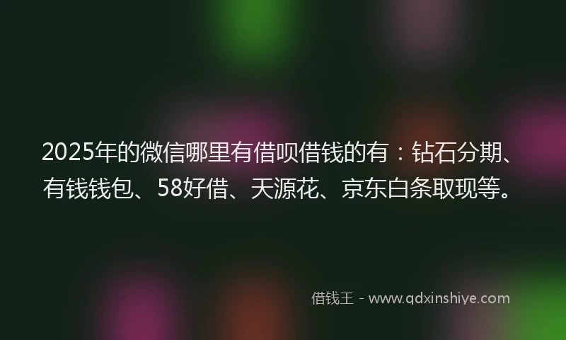 2025年的微信哪里有借呗借钱的有：钻石分期、有钱钱包、58好借、天源花、京东白条取现等。