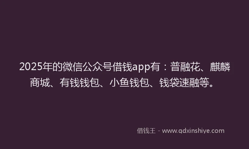 2025年的微信公众号借钱app有：普融花、麒麟商城、有钱钱包、小鱼钱包、钱袋速融等。