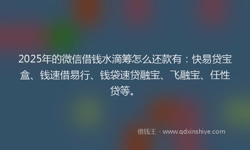 2025年的微信借钱水滴筹怎么还款有：快易贷宝盒、钱速借易行、钱袋速贷融宝、飞融宝、任性贷等。