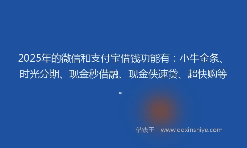 2025年的微信和支付宝借钱功能有：小牛金条、时光分期、现金秒借融、现金侠速贷、超快购等。