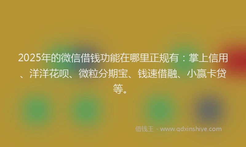 2025年的微信借钱功能在哪里正规有：掌上信用、洋洋花呗、微粒分期宝、钱速借融、小赢卡贷等。