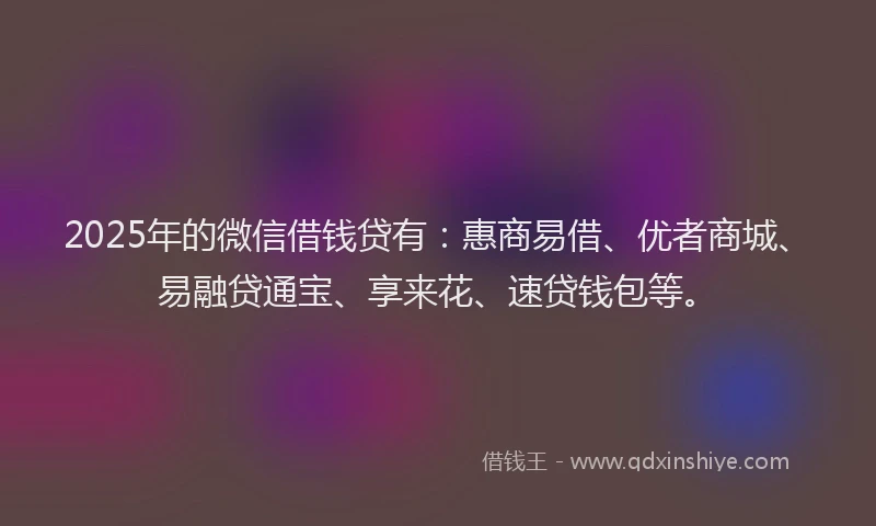 2025年的微信借钱贷有：惠商易借、优者商城、易融贷通宝、享来花、速贷钱包等。