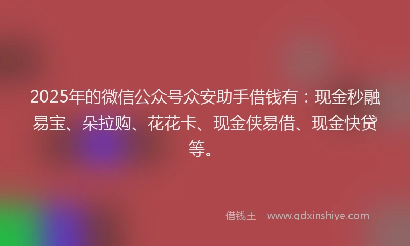 2025年的微信公众号众安助手借钱有：现金秒融易宝、朵拉购、花花卡、现金侠易借、现金快贷等。