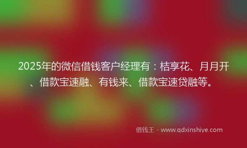 2025年的微信借钱客户经理有：桔享花、月月开、借款宝速融、有钱来、借款宝速贷融等。