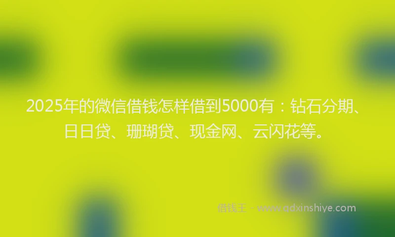 2025年的微信借钱怎样借到5000有：钻石分期、日日贷、珊瑚贷、现金网、云闪花等。