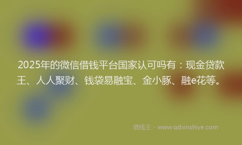 2025年的微信借钱平台国家认可吗有：现金贷款王、人人聚财、钱袋易融宝、金小豚、融e花等。