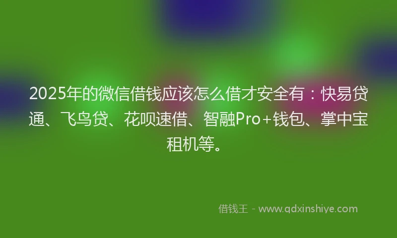 2025年的微信借钱应该怎么借才安全有：快易贷通、飞鸟贷、花呗速借、智融Pro+钱包、掌中宝租机等。