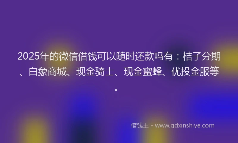 2025年的微信借钱可以随时还款吗有：桔子分期、白象商城、现金骑士、现金蜜蜂、优投金服等。