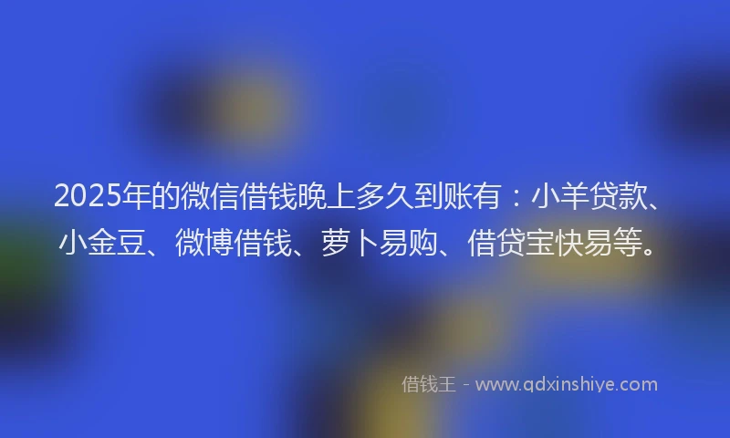 2025年的微信借钱晚上多久到账有：小羊贷款、小金豆、微博借钱、萝卜易购、借贷宝快易等。