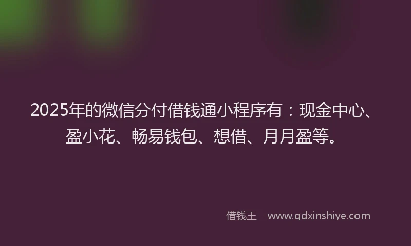 2025年的微信分付借钱通小程序有：现金中心、盈小花、畅易钱包、想借、月月盈等。