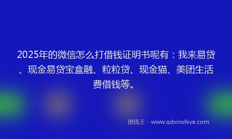 2025年的微信怎么打借钱证明书呢有：我来易贷、现金易贷宝盒融、粒粒贷、现金猫、美团生活费借钱等。