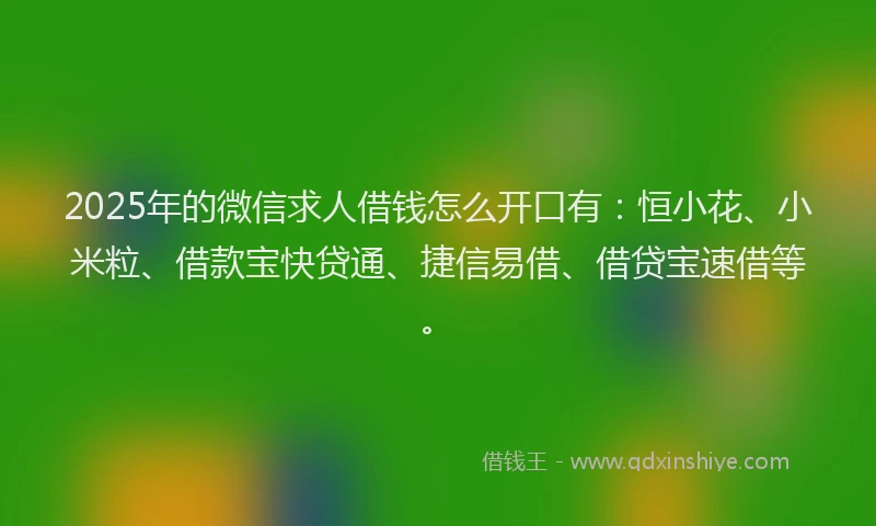 2025年的微信求人借钱怎么开口有：恒小花、小米粒、借款宝快贷通、捷信易借、借贷宝速借等。