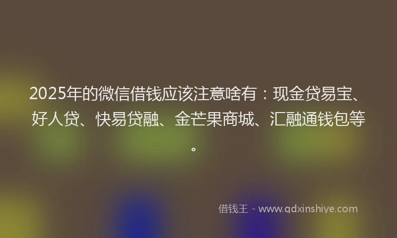 2025年的微信借钱应该注意啥有：现金贷易宝、好人贷、快易贷融、金芒果商城、汇融通钱包等。