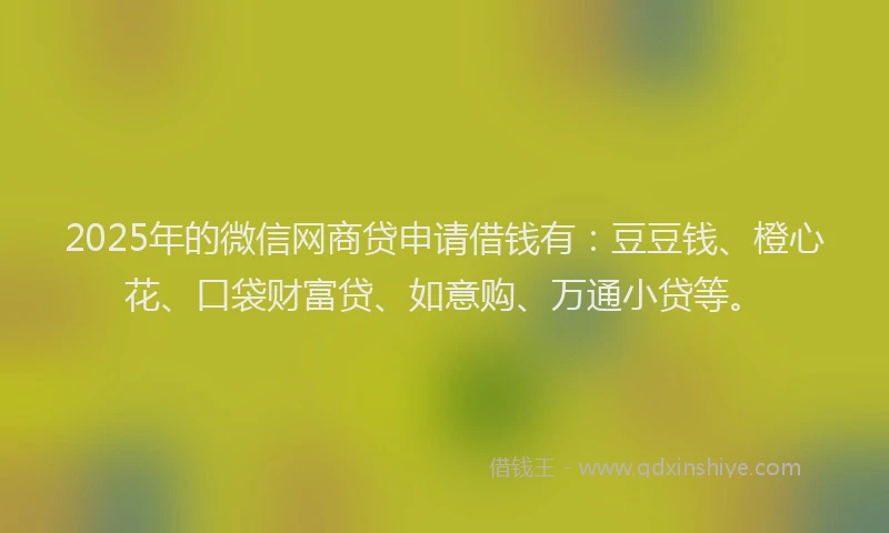 2025年的微信网商贷申请借钱有：豆豆钱、橙心花、口袋财富贷、如意购、万通小贷等。