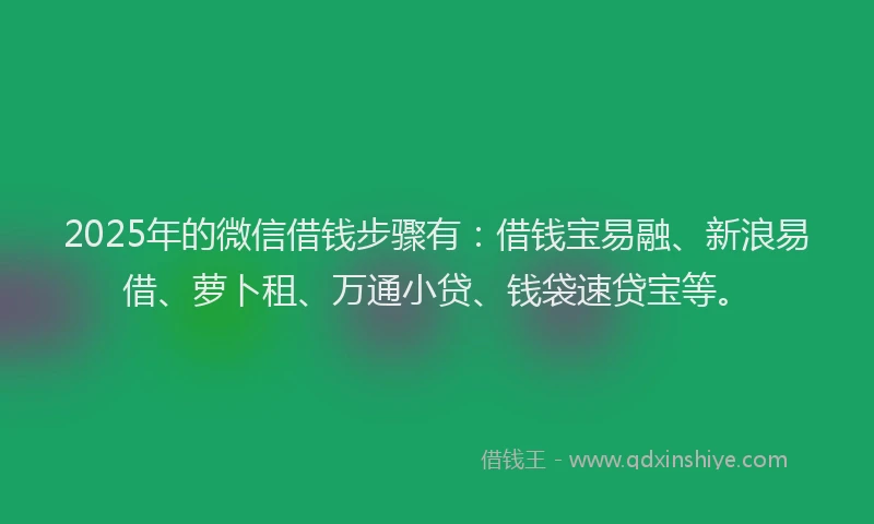 2025年的微信借钱步骤有：借钱宝易融、新浪易借、萝卜租、万通小贷、钱袋速贷宝等。