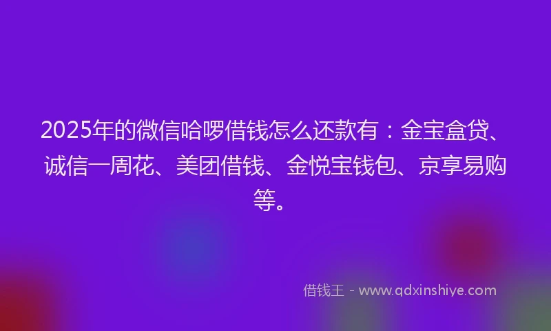 2025年的微信哈啰借钱怎么还款有：金宝盒贷、诚信一周花、美团借钱、金悦宝钱包、京享易购等。