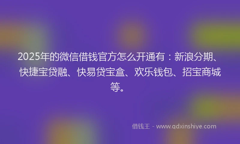 2025年的微信借钱官方怎么开通有：新浪分期、快捷宝贷融、快易贷宝盒、欢乐钱包、招宝商城等。