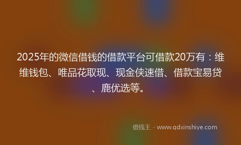 2025年的微信借钱的借款平台可借款20万有：维维钱包、唯品花取现、现金侠速借、借款宝易贷、鹿优选等。