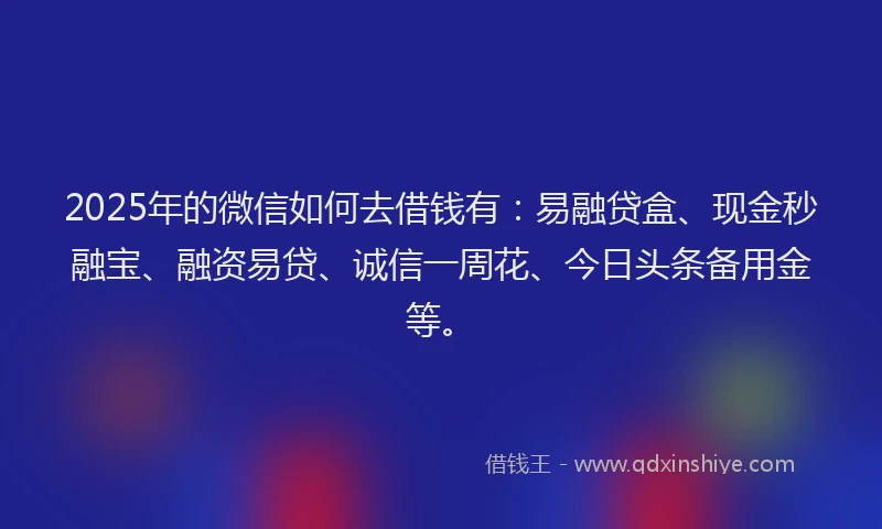 2025年的微信如何去借钱有：易融贷盒、现金秒融宝、融资易贷、诚信一周花、今日头条备用金等。