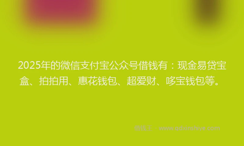 2025年的微信支付宝公众号借钱有：现金易贷宝盒、拍拍用、惠花钱包、超爱财、哆宝钱包等。
