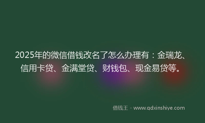 2025年的微信借钱改名了怎么办理有：金瑞龙、信用卡贷、金满堂贷、财钱包、现金易贷等。